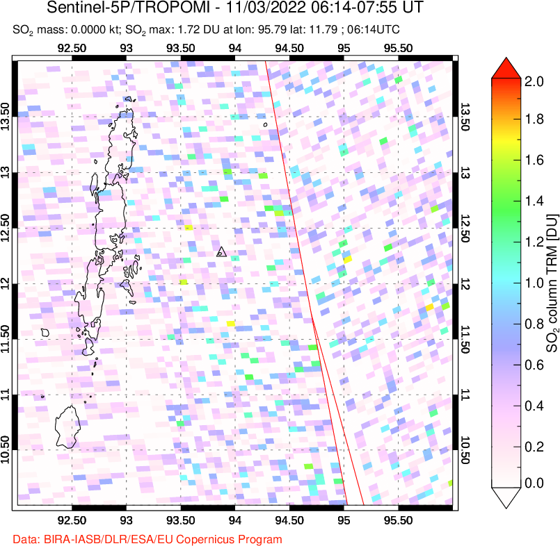 A sulfur dioxide image over Andaman Islands, Indian Ocean on Nov 03, 2022.