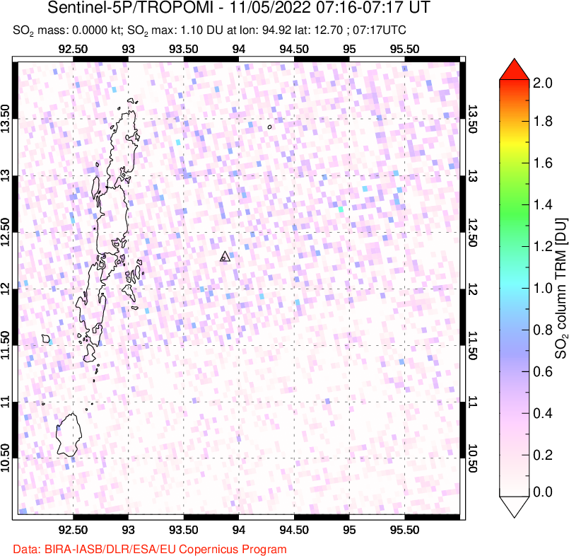 A sulfur dioxide image over Andaman Islands, Indian Ocean on Nov 05, 2022.