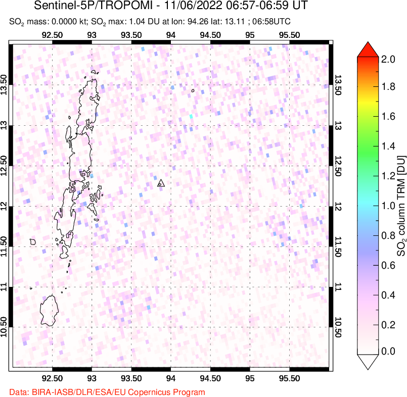 A sulfur dioxide image over Andaman Islands, Indian Ocean on Nov 06, 2022.