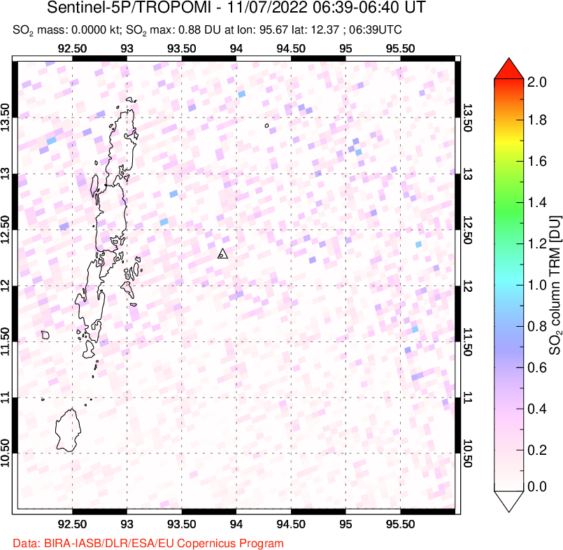 A sulfur dioxide image over Andaman Islands, Indian Ocean on Nov 07, 2022.