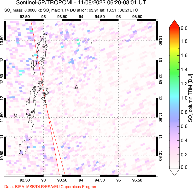 A sulfur dioxide image over Andaman Islands, Indian Ocean on Nov 08, 2022.