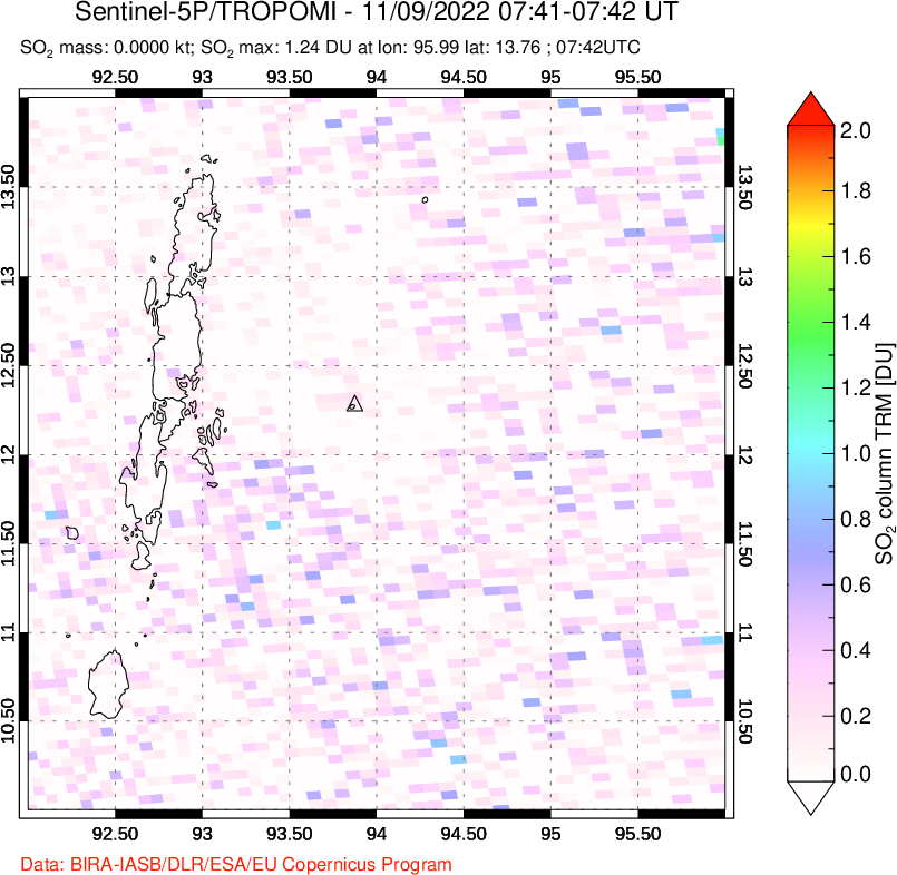 A sulfur dioxide image over Andaman Islands, Indian Ocean on Nov 09, 2022.
