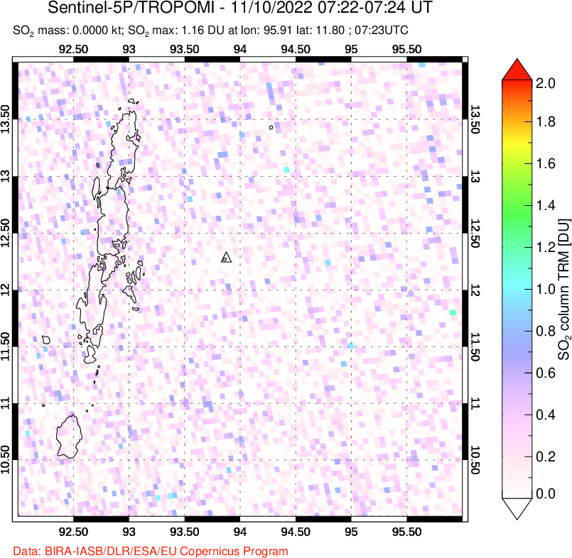 A sulfur dioxide image over Andaman Islands, Indian Ocean on Nov 10, 2022.