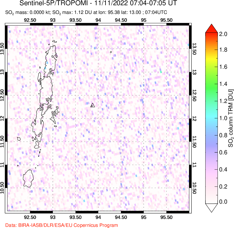 A sulfur dioxide image over Andaman Islands, Indian Ocean on Nov 11, 2022.