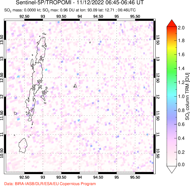 A sulfur dioxide image over Andaman Islands, Indian Ocean on Nov 12, 2022.