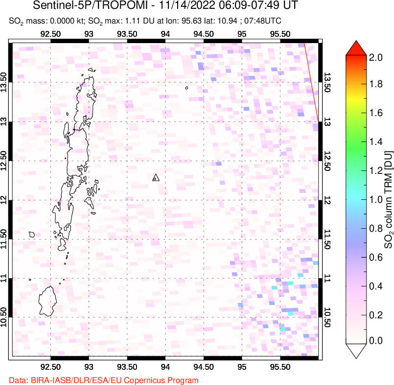 A sulfur dioxide image over Andaman Islands, Indian Ocean on Nov 14, 2022.