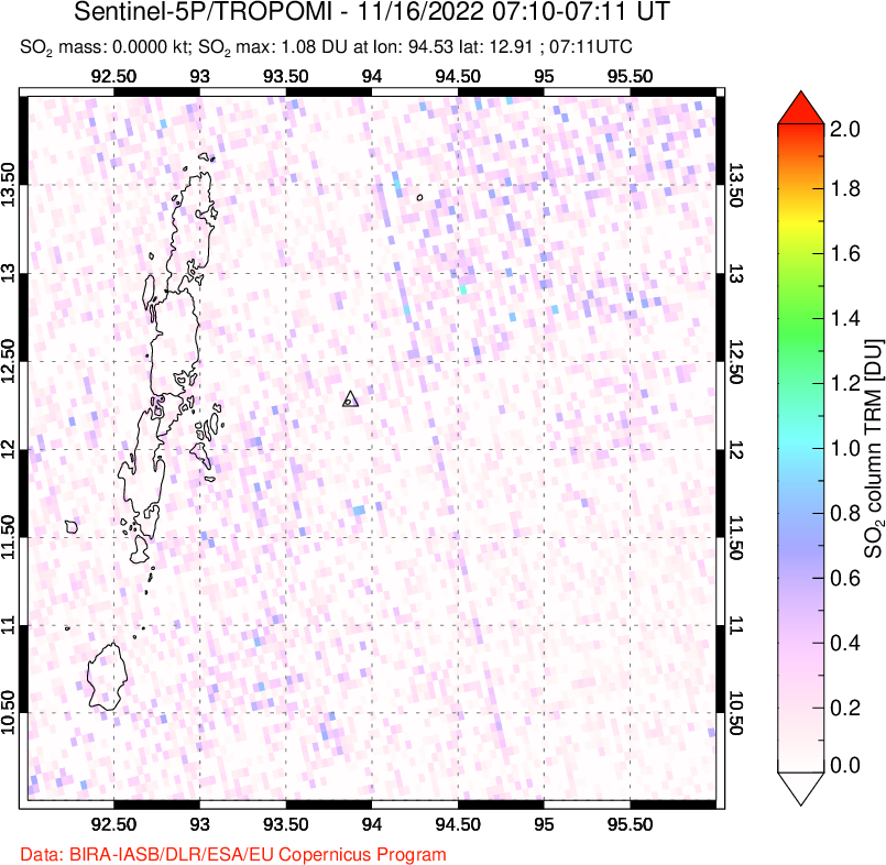 A sulfur dioxide image over Andaman Islands, Indian Ocean on Nov 16, 2022.