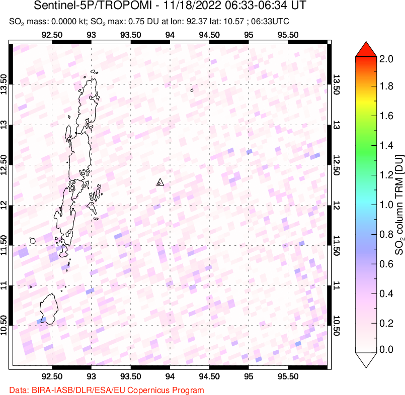 A sulfur dioxide image over Andaman Islands, Indian Ocean on Nov 18, 2022.