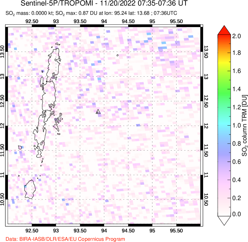 A sulfur dioxide image over Andaman Islands, Indian Ocean on Nov 20, 2022.
