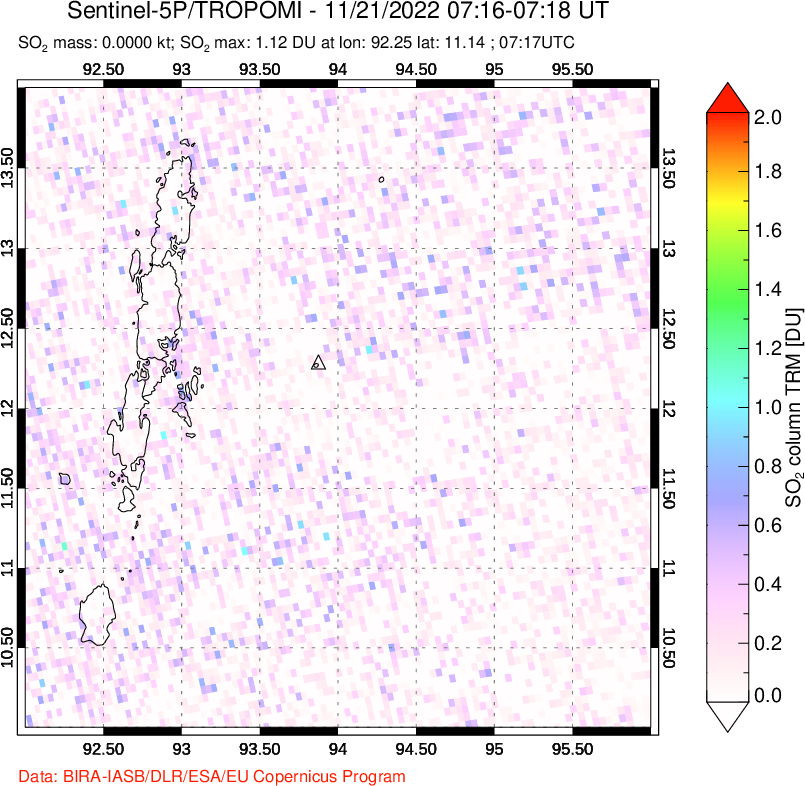 A sulfur dioxide image over Andaman Islands, Indian Ocean on Nov 21, 2022.