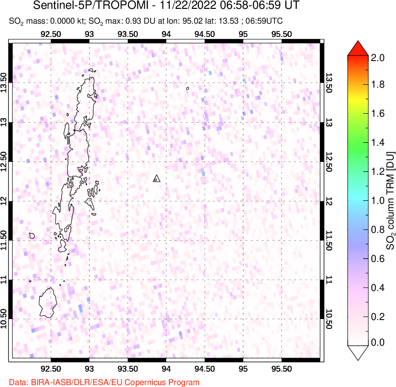A sulfur dioxide image over Andaman Islands, Indian Ocean on Nov 22, 2022.