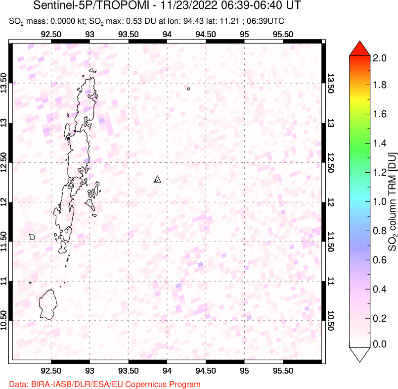 A sulfur dioxide image over Andaman Islands, Indian Ocean on Nov 23, 2022.