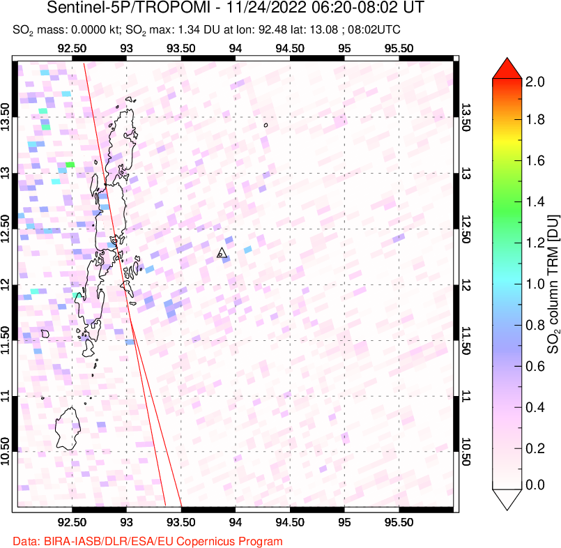 A sulfur dioxide image over Andaman Islands, Indian Ocean on Nov 24, 2022.