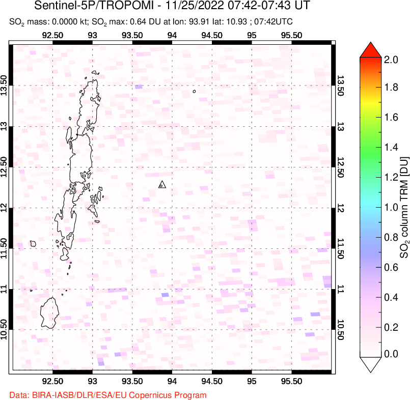 A sulfur dioxide image over Andaman Islands, Indian Ocean on Nov 25, 2022.