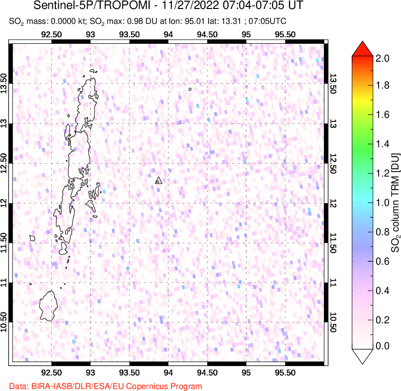 A sulfur dioxide image over Andaman Islands, Indian Ocean on Nov 27, 2022.