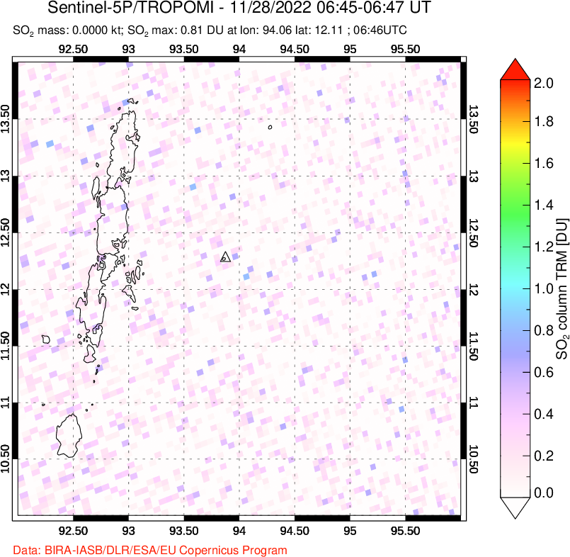 A sulfur dioxide image over Andaman Islands, Indian Ocean on Nov 28, 2022.