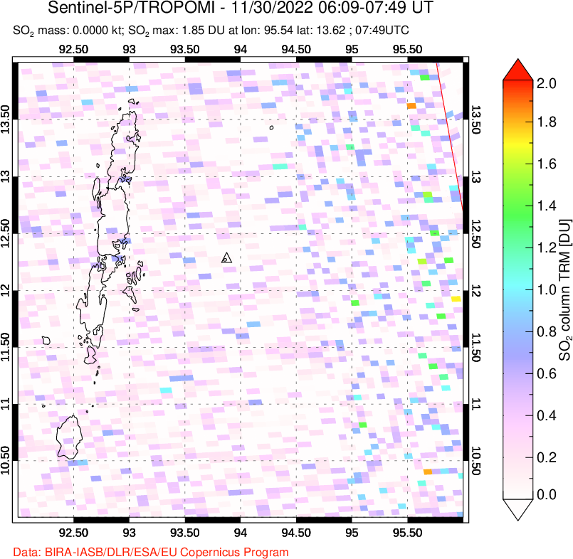 A sulfur dioxide image over Andaman Islands, Indian Ocean on Nov 30, 2022.