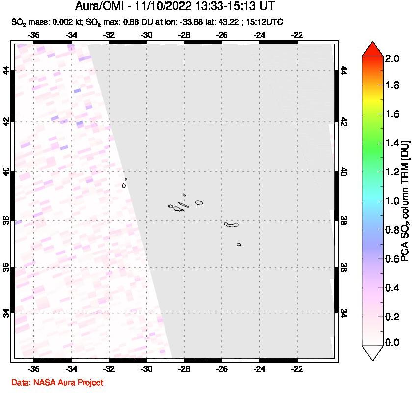 A sulfur dioxide image over Azore Islands, Portugal on Nov 10, 2022.
