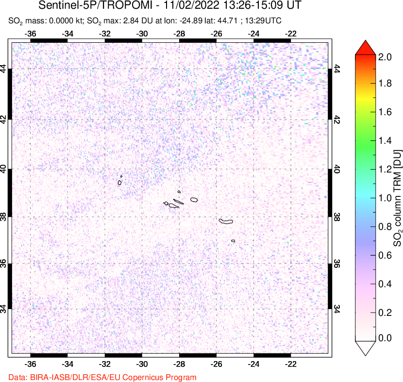 A sulfur dioxide image over Azore Islands, Portugal on Nov 02, 2022.