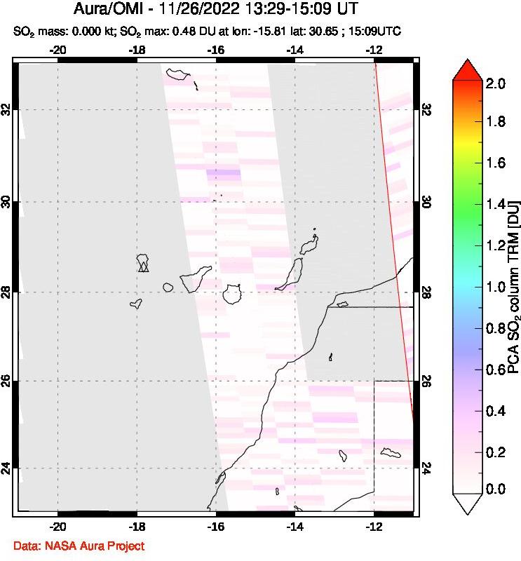 A sulfur dioxide image over Canary Islands on Nov 26, 2022.