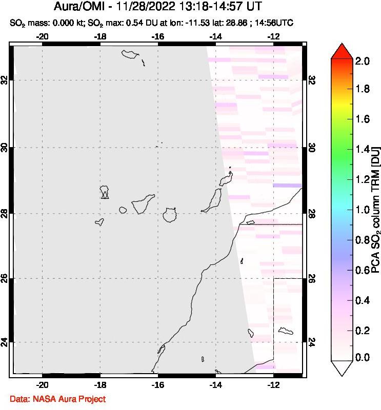 A sulfur dioxide image over Canary Islands on Nov 28, 2022.