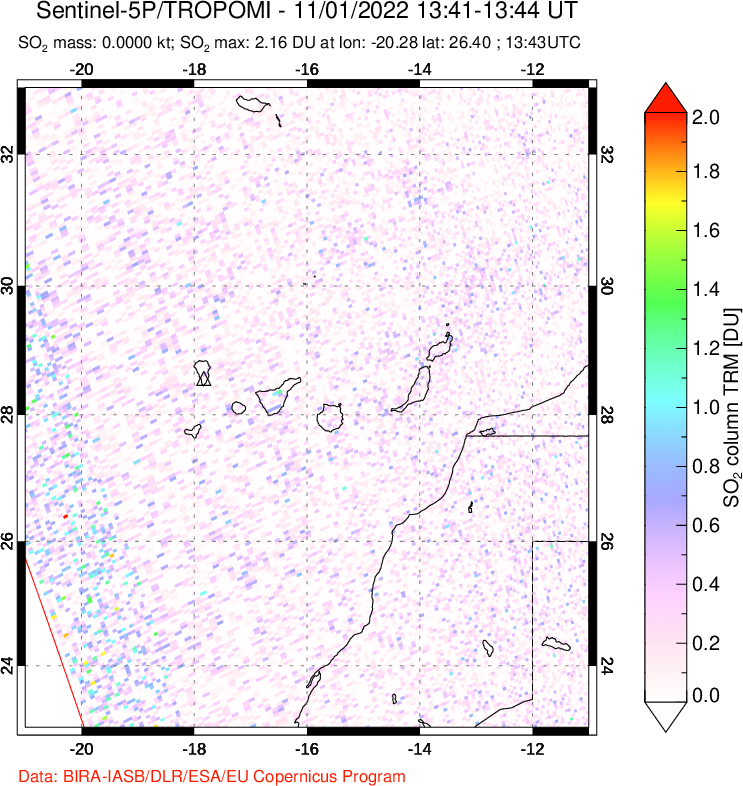 A sulfur dioxide image over Canary Islands on Nov 01, 2022.