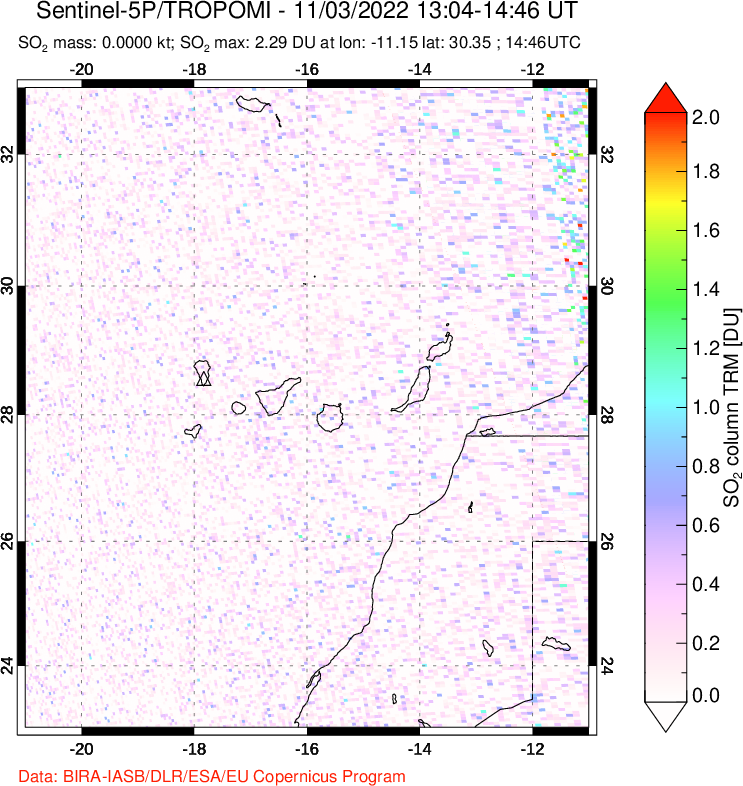 A sulfur dioxide image over Canary Islands on Nov 03, 2022.