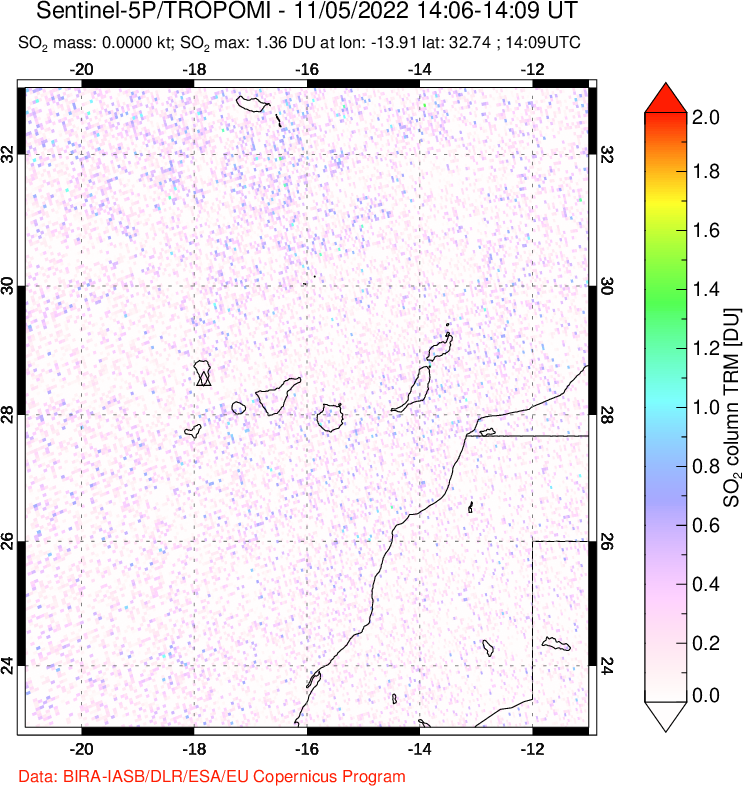 A sulfur dioxide image over Canary Islands on Nov 05, 2022.