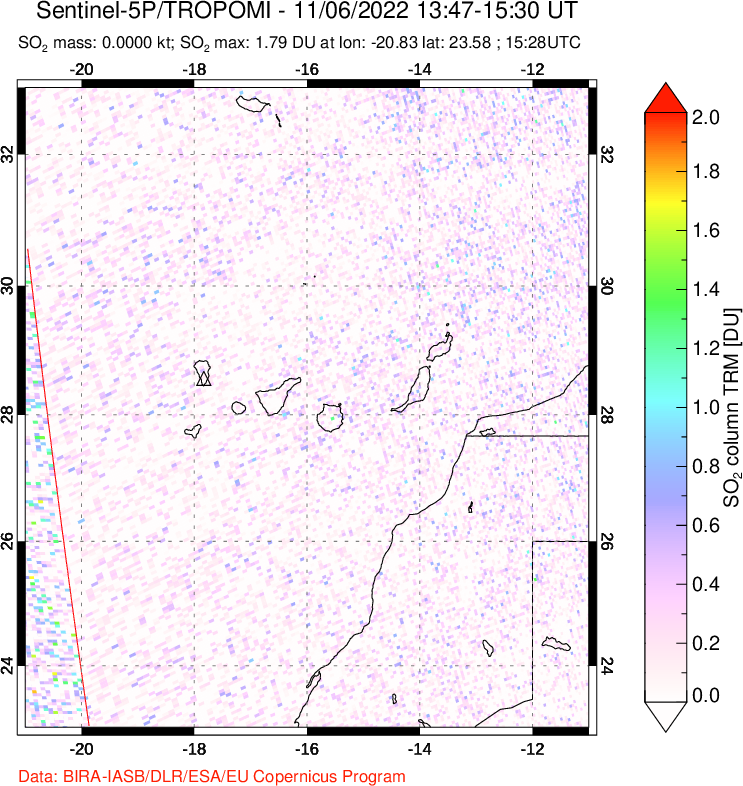 A sulfur dioxide image over Canary Islands on Nov 06, 2022.