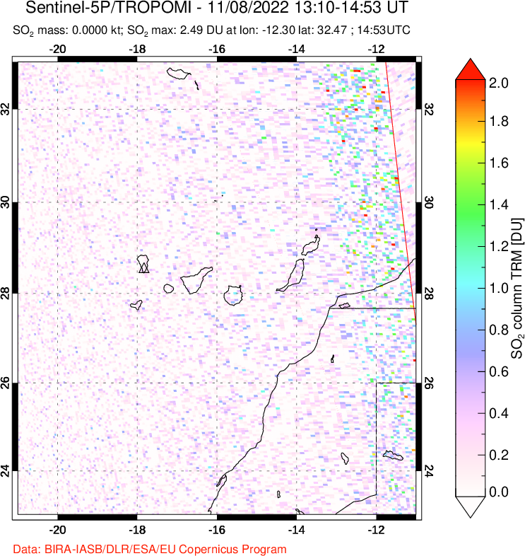A sulfur dioxide image over Canary Islands on Nov 08, 2022.