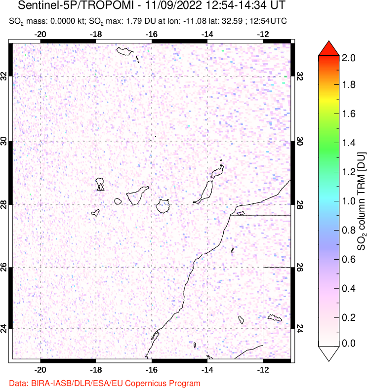 A sulfur dioxide image over Canary Islands on Nov 09, 2022.