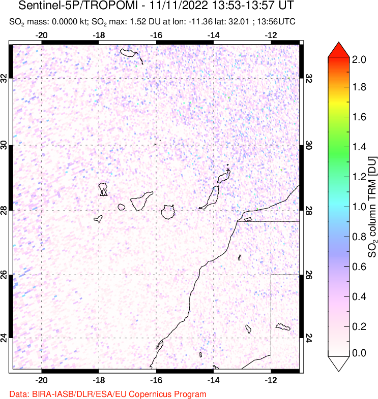 A sulfur dioxide image over Canary Islands on Nov 11, 2022.