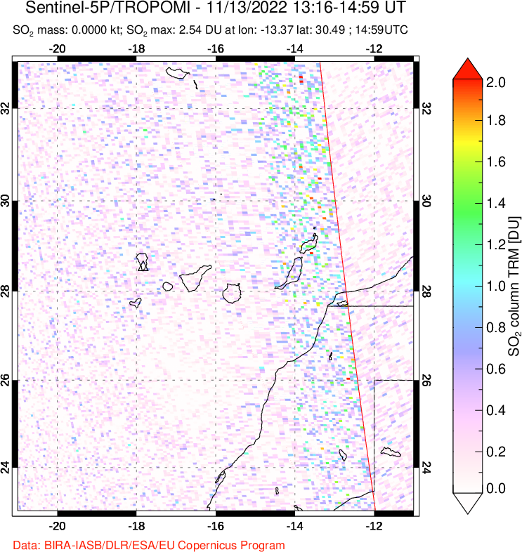 A sulfur dioxide image over Canary Islands on Nov 13, 2022.
