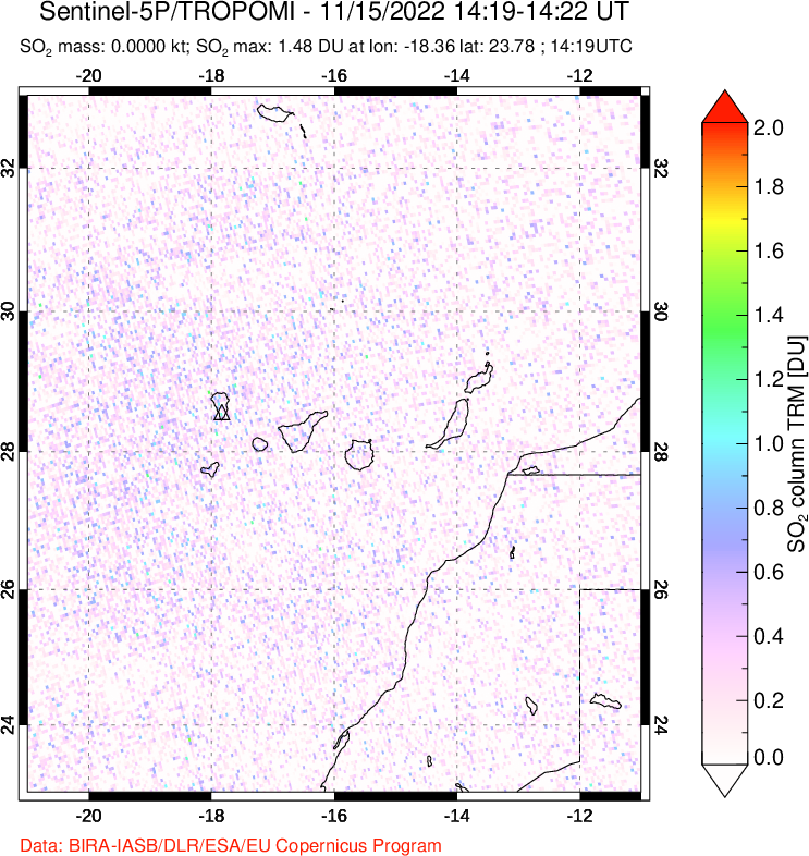 A sulfur dioxide image over Canary Islands on Nov 15, 2022.