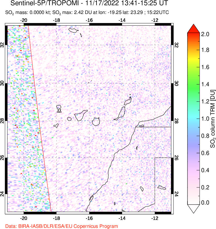 A sulfur dioxide image over Canary Islands on Nov 17, 2022.