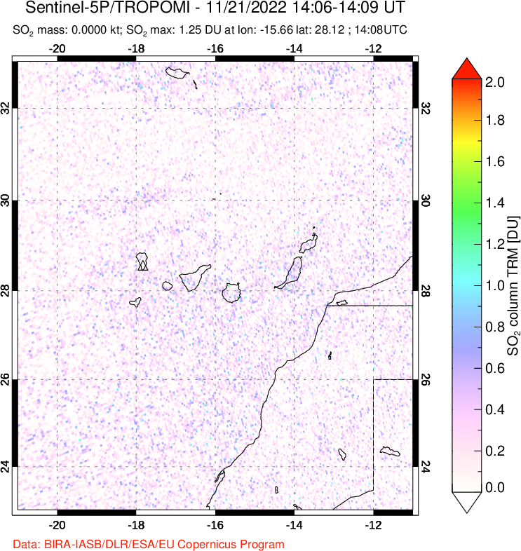 A sulfur dioxide image over Canary Islands on Nov 21, 2022.