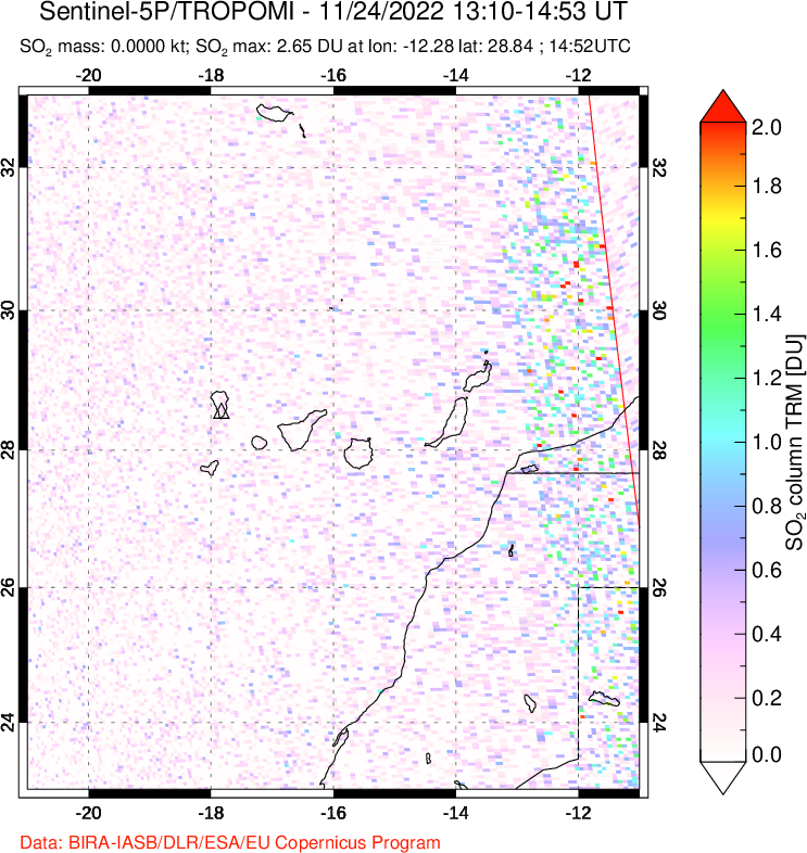 A sulfur dioxide image over Canary Islands on Nov 24, 2022.