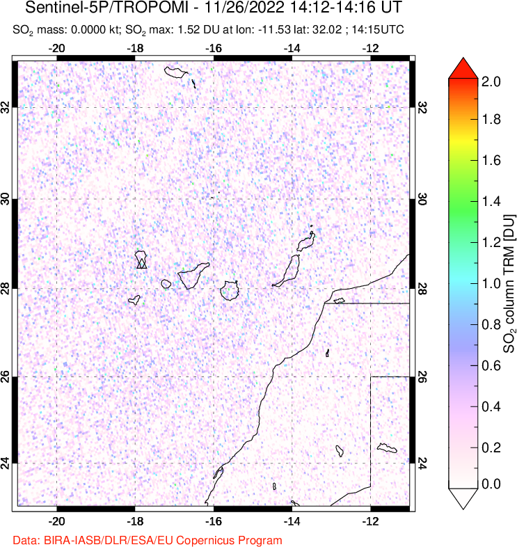 A sulfur dioxide image over Canary Islands on Nov 26, 2022.