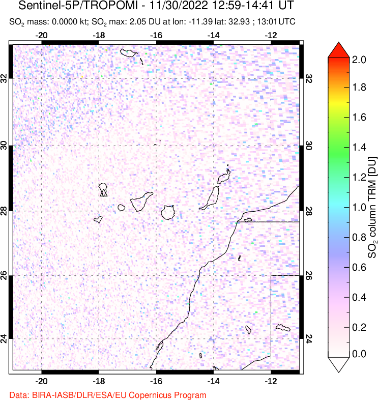 A sulfur dioxide image over Canary Islands on Nov 30, 2022.