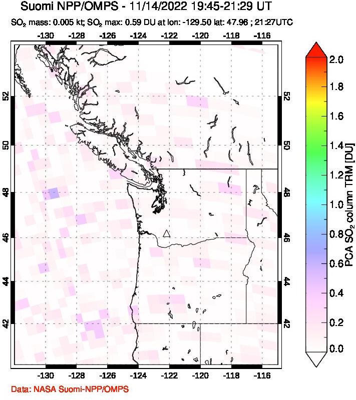 A sulfur dioxide image over Cascade Range, USA on Nov 14, 2022.