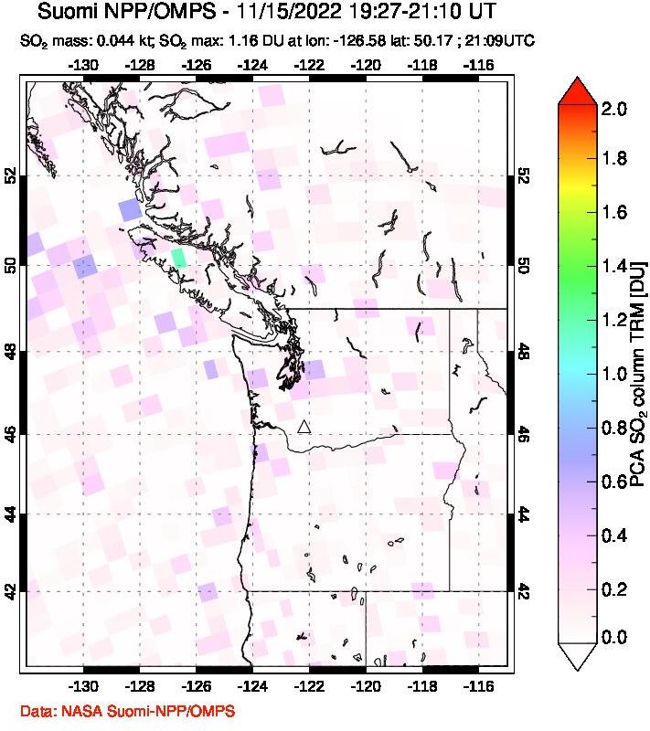 A sulfur dioxide image over Cascade Range, USA on Nov 15, 2022.