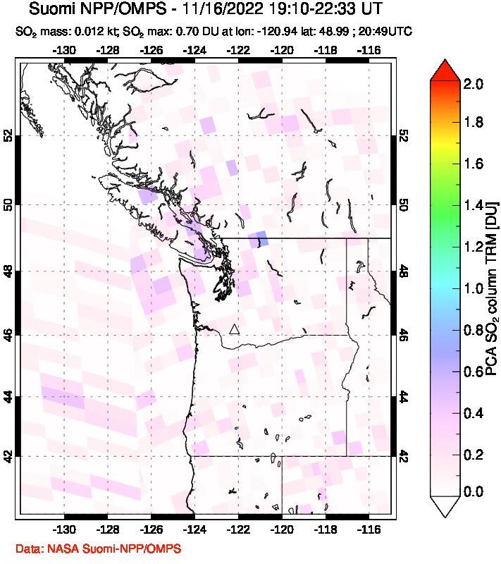 A sulfur dioxide image over Cascade Range, USA on Nov 16, 2022.