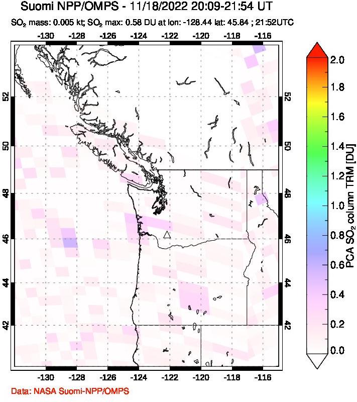 A sulfur dioxide image over Cascade Range, USA on Nov 18, 2022.