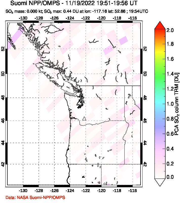A sulfur dioxide image over Cascade Range, USA on Nov 19, 2022.