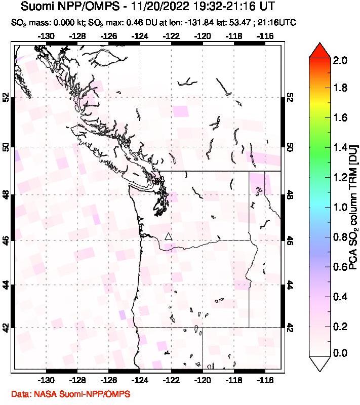 A sulfur dioxide image over Cascade Range, USA on Nov 20, 2022.