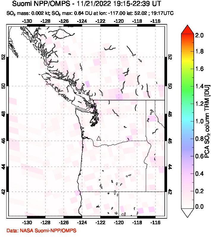 A sulfur dioxide image over Cascade Range, USA on Nov 21, 2022.