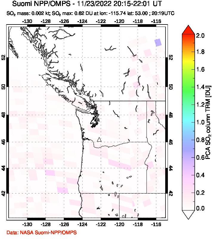 A sulfur dioxide image over Cascade Range, USA on Nov 23, 2022.
