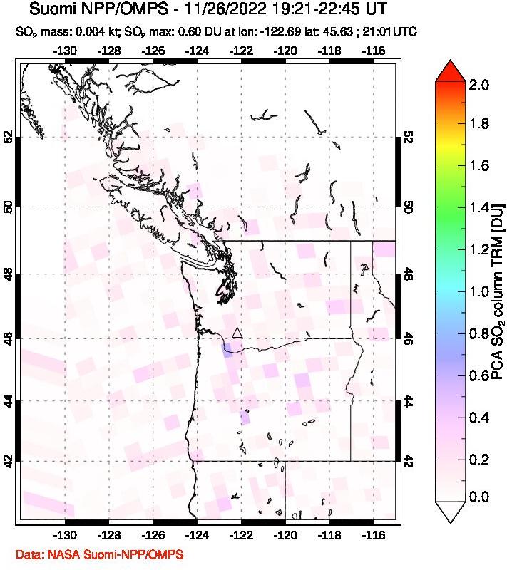 A sulfur dioxide image over Cascade Range, USA on Nov 26, 2022.