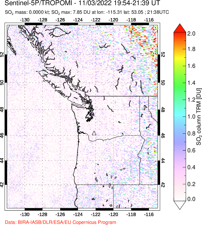 A sulfur dioxide image over Cascade Range, USA on Nov 03, 2022.