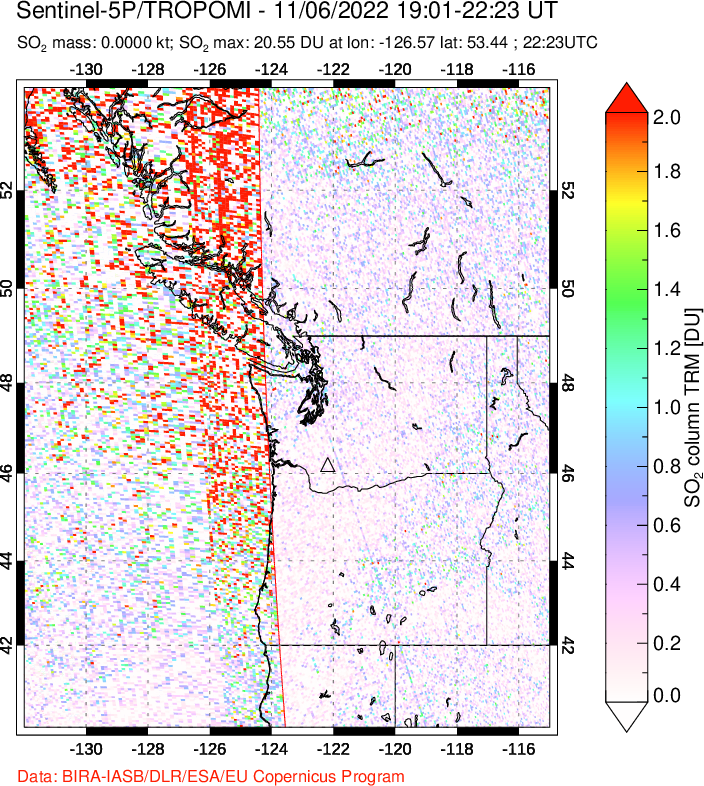 A sulfur dioxide image over Cascade Range, USA on Nov 06, 2022.